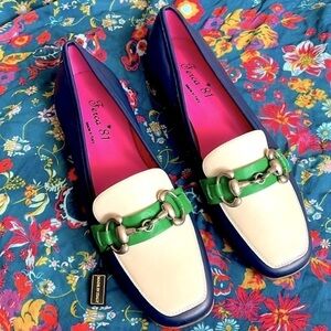 Brand New Ferca 81 Genuine Leather Ivory Blue Green Slip On Flats Buckle Loafers